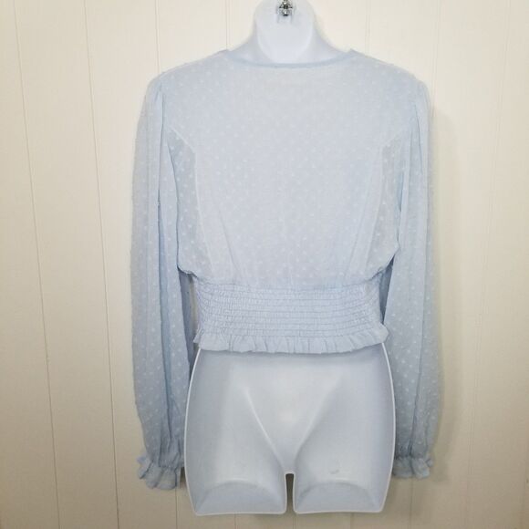Women's Cropped Blue Sheer Balloon Sleeve Top - Picture 5 of 8